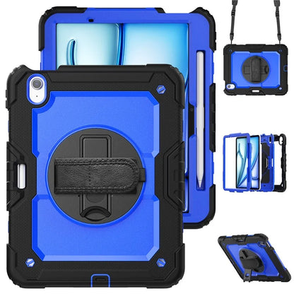 For iPad Air 11 (2024) Case Rotating Kickstand PC+Silicone Tablet Cover with Screen Film / Shoulder Strap+Black