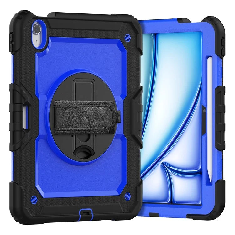 For iPad Air 11 (2024) Case Rotating Kickstand PC+Silicone Tablet Cover with Screen Film / Shoulder Strap+Black