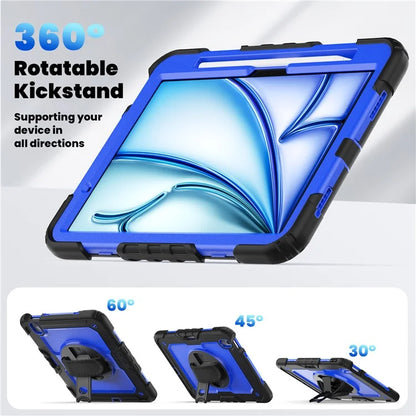 For iPad Air 11 (2024) Case Rotating Kickstand PC+Silicone Tablet Cover with Screen Film / Shoulder Strap+Black