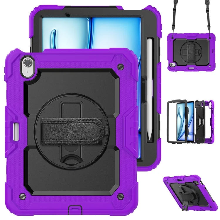 For iPad Air 11 (2024) Case Rotating Kickstand PC+Silicone Tablet Cover with Screen Film / Shoulder Strap