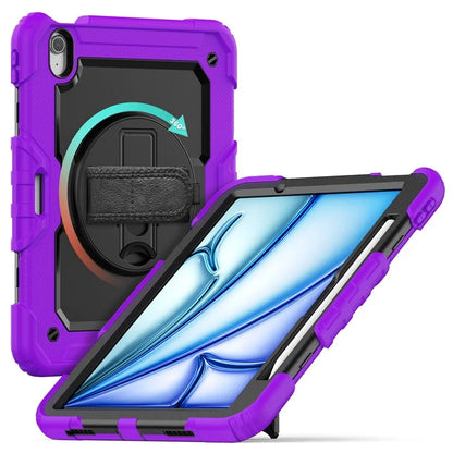 For iPad Air 11 (2024) Case Rotating Kickstand PC+Silicone Tablet Cover with Screen Film / Shoulder Strap