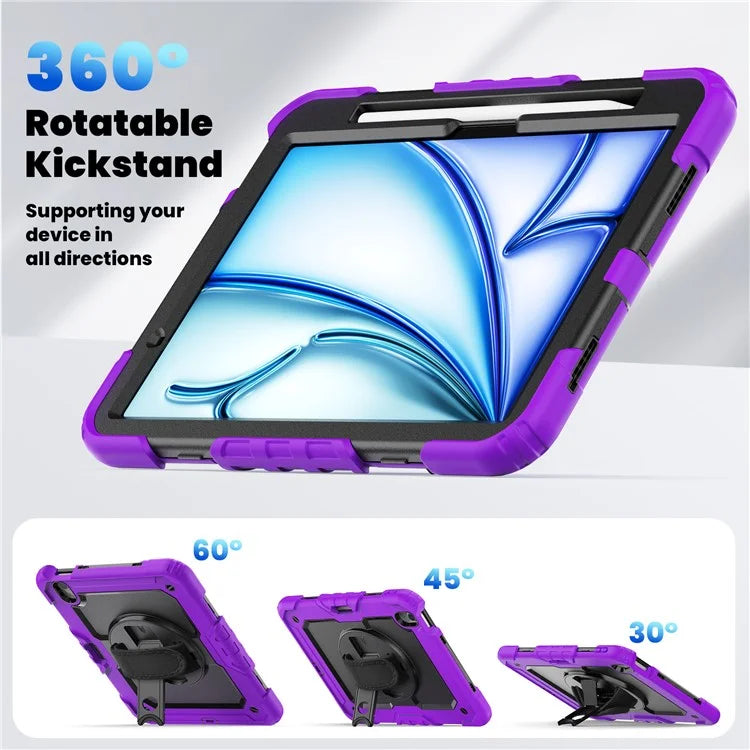 For iPad Air 11 (2024) Case Rotating Kickstand PC+Silicone Tablet Cover with Screen Film / Shoulder Strap
