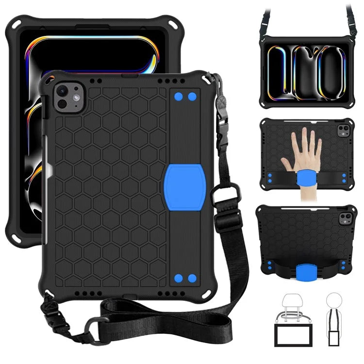 For iPad Pro 11 (2024) Case Hand Strap Kickstand Honeycomb EVA Cover with Shoulder Strap