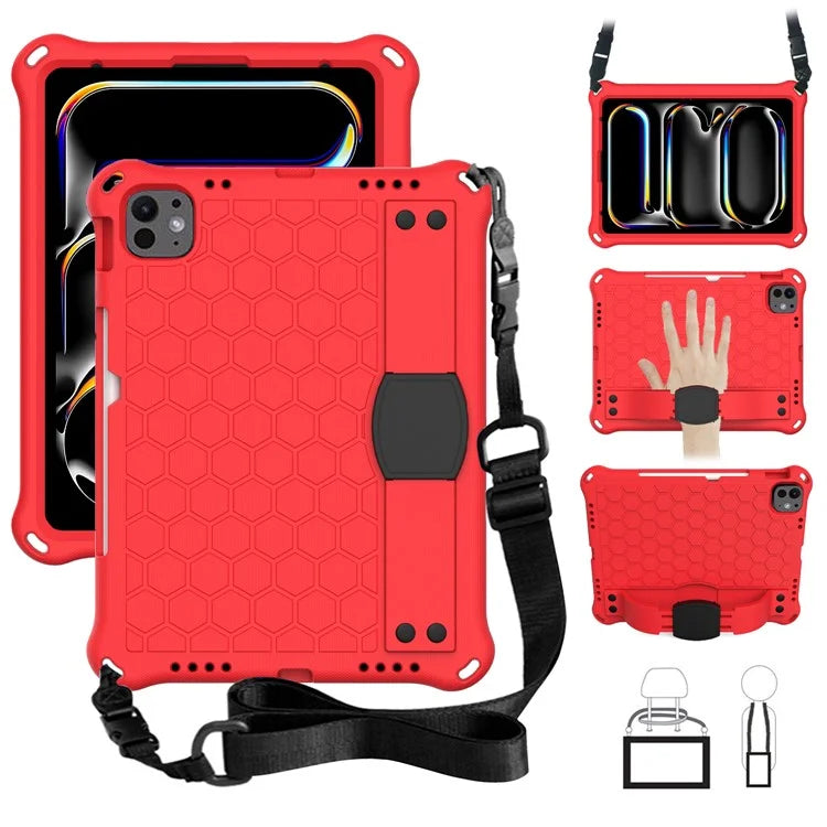 For iPad Pro 11 (2024) Case Hand Strap Kickstand Honeycomb EVA Cover with Shoulder Strap