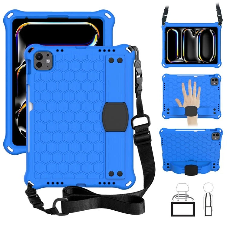 For iPad Pro 11 (2024) Case Hand Strap Kickstand Honeycomb EVA Cover with Shoulder Strap
