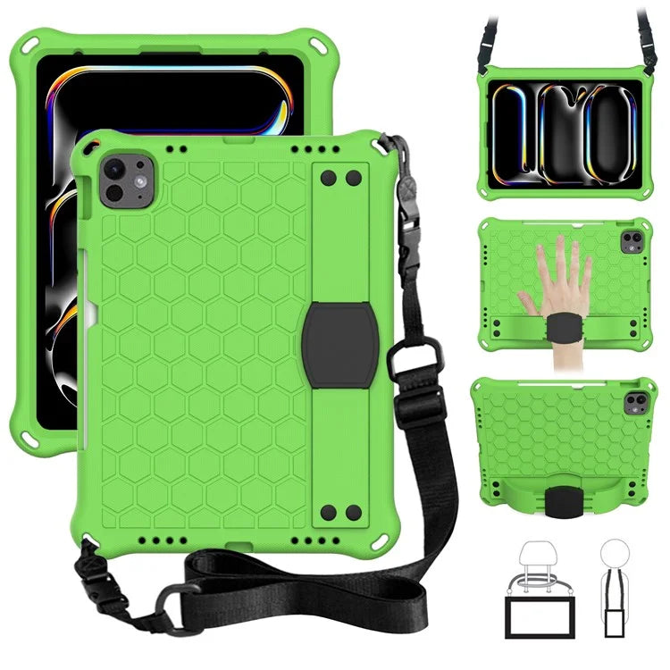 For iPad Pro 11 (2024) Case Hand Strap Kickstand Honeycomb EVA Cover with Shoulder Strap