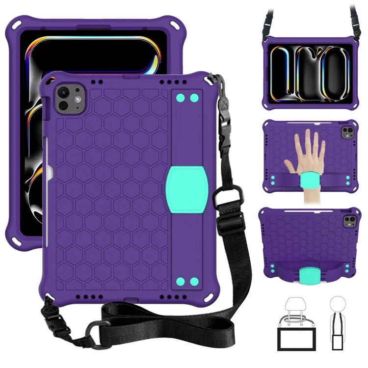 For iPad Pro 11 (2024) Case Hand Strap Kickstand Honeycomb EVA Cover with Shoulder Strap