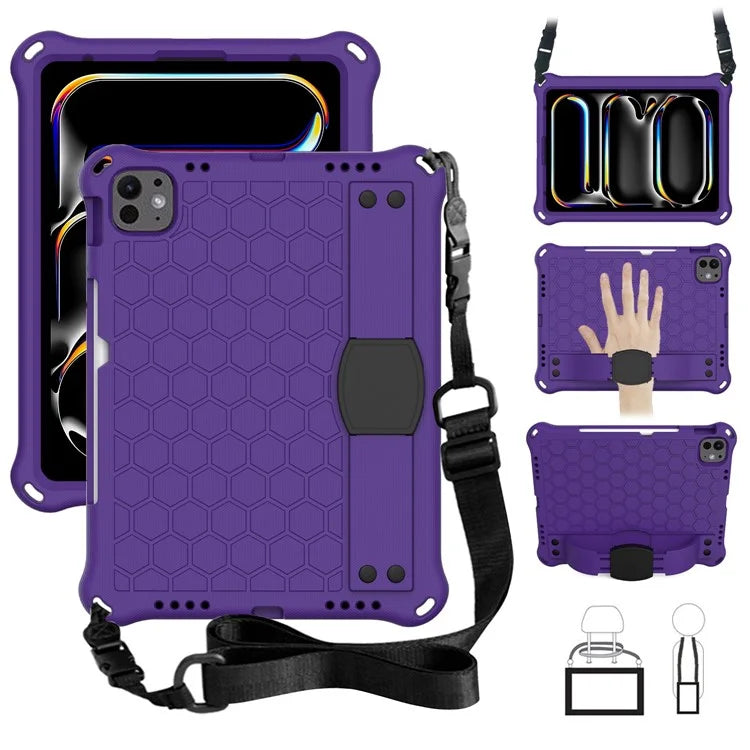 For iPad Pro 11 (2024) Case Hand Strap Kickstand Honeycomb EVA Cover with Shoulder Strap