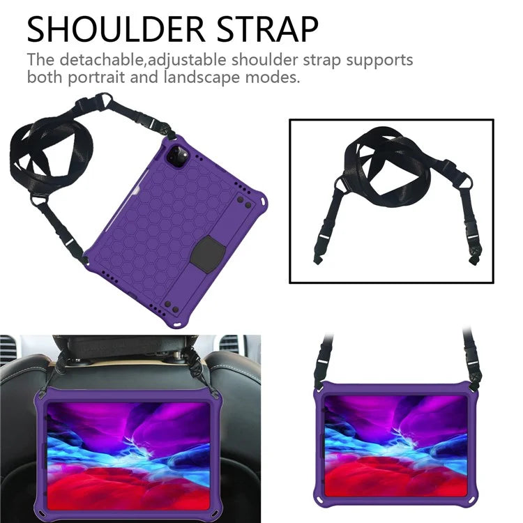 For iPad Pro 11 (2024) Case Hand Strap Kickstand Honeycomb EVA Cover with Shoulder Strap