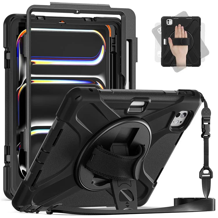 For iPad Pro 11 (2024) Case PC+Silicone Kickstand Tablet Cover with Hand Strap and Shoulder Strap
