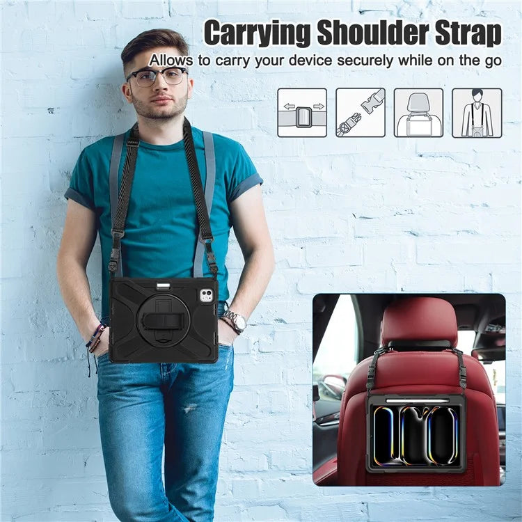 For iPad Pro 11 (2024) Case PC+Silicone Kickstand Tablet Cover with Hand Strap and Shoulder Strap