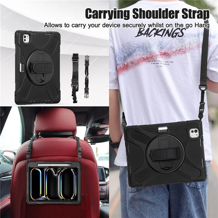 For iPad Pro 11 (2024) Case PC+Silicone Kickstand Tablet Cover with Hand Strap and Shoulder Strap