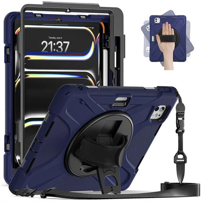 For iPad Pro 11 (2024) Case PC+Silicone Kickstand Tablet Cover with Hand Strap and Shoulder Strap