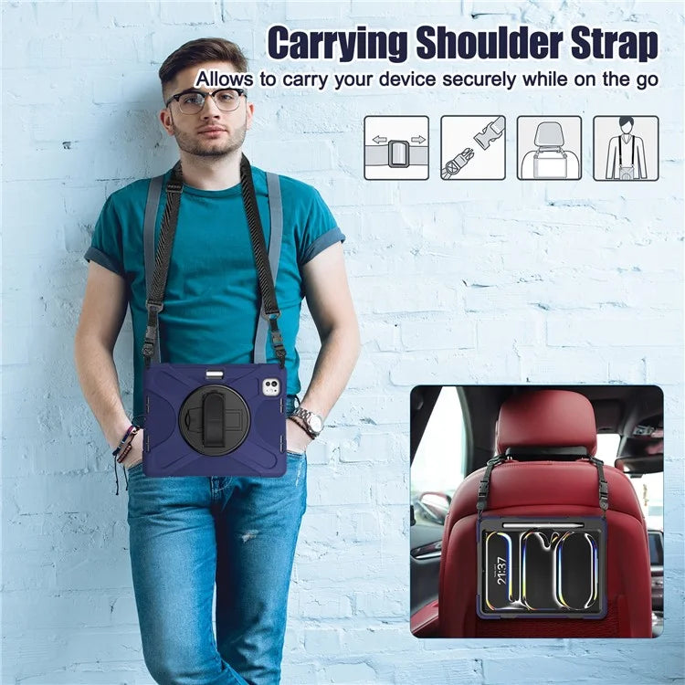 For iPad Pro 11 (2024) Case PC+Silicone Kickstand Tablet Cover with Hand Strap and Shoulder Strap