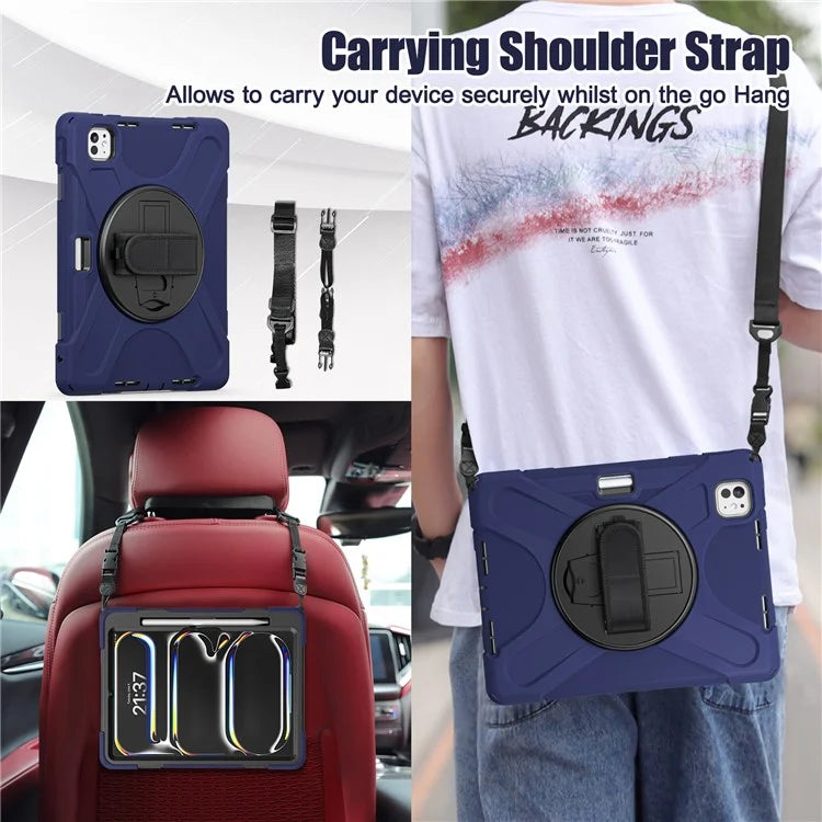 For iPad Pro 11 (2024) Case PC+Silicone Kickstand Tablet Cover with Hand Strap and Shoulder Strap