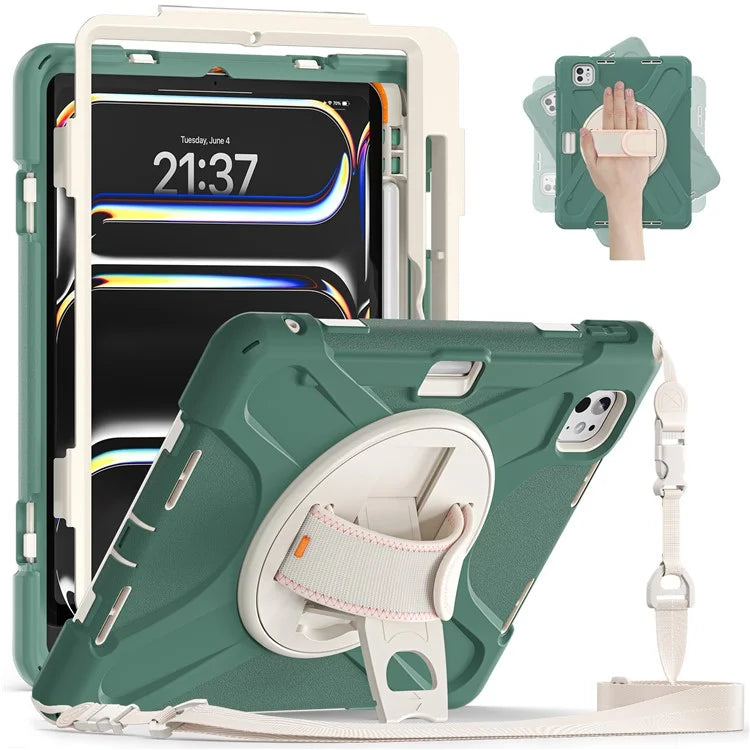 For iPad Pro 11 (2024) Case PC+Silicone Kickstand Tablet Cover with Hand Strap and Shoulder Strap