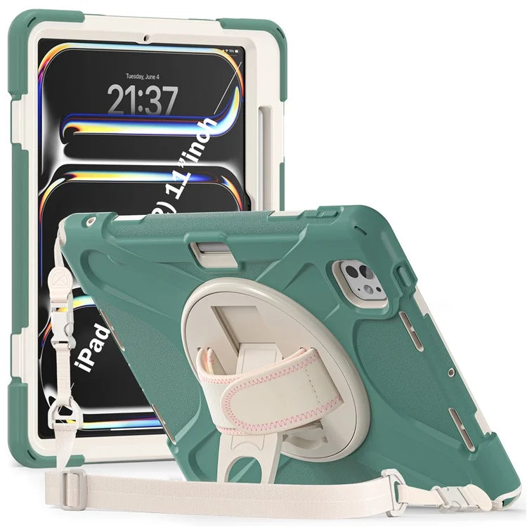 For iPad Pro 11 (2024) Case PC+Silicone Kickstand Tablet Cover with Hand Strap and Shoulder Strap