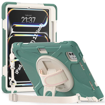 For iPad Pro 11 (2024) Case PC+Silicone Kickstand Tablet Cover with Hand Strap and Shoulder Strap