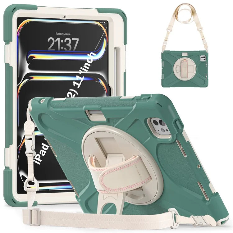 For iPad Pro 11 (2024) Case PC+Silicone Kickstand Tablet Cover with Hand Strap and Shoulder Strap