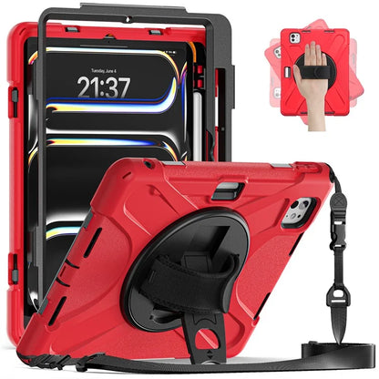 For iPad Pro 11 (2024) Case PC+Silicone Kickstand Tablet Cover with Hand Strap and Shoulder Strap
