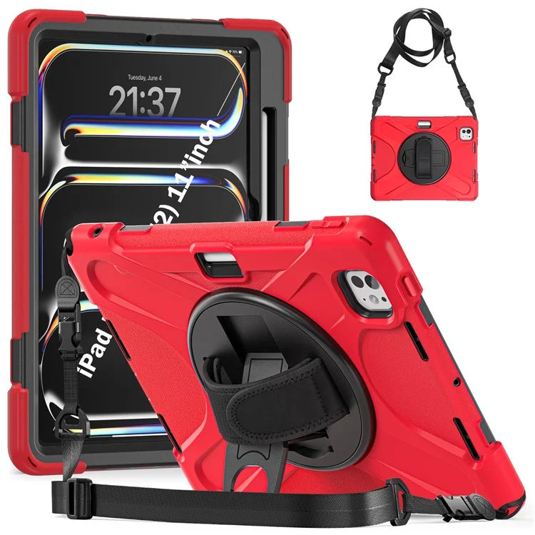 For iPad Pro 11 (2024) Case PC+Silicone Kickstand Tablet Cover with Hand Strap and Shoulder Strap