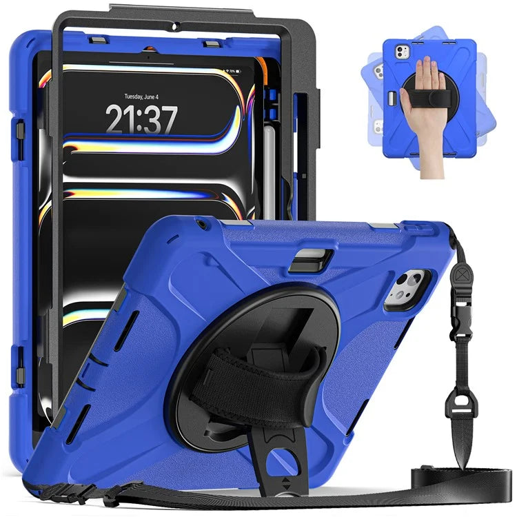 For iPad Pro 11 (2024) Case PC+Silicone Kickstand Tablet Cover with Hand Strap and Shoulder Strap