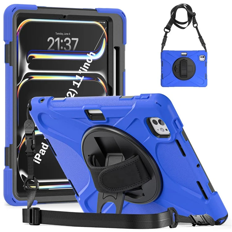 For iPad Pro 11 (2024) Case PC+Silicone Kickstand Tablet Cover with Hand Strap and Shoulder Strap