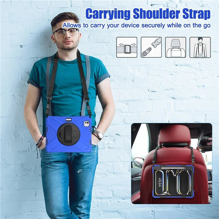 For iPad Pro 11 (2024) Case PC+Silicone Kickstand Tablet Cover with Hand Strap and Shoulder Strap