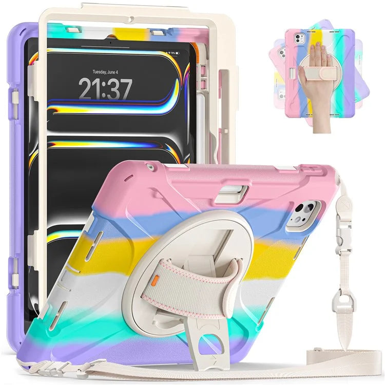 For iPad Pro 11 (2024) Case PC+Silicone Kickstand Tablet Cover with Hand Strap and Shoulder Strap