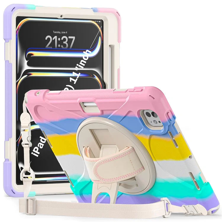 For iPad Pro 11 (2024) Case PC+Silicone Kickstand Tablet Cover with Hand Strap and Shoulder Strap