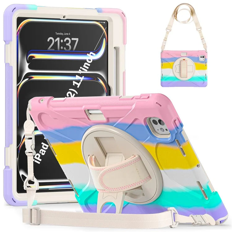 For iPad Pro 11 (2024) Case PC+Silicone Kickstand Tablet Cover with Hand Strap and Shoulder Strap