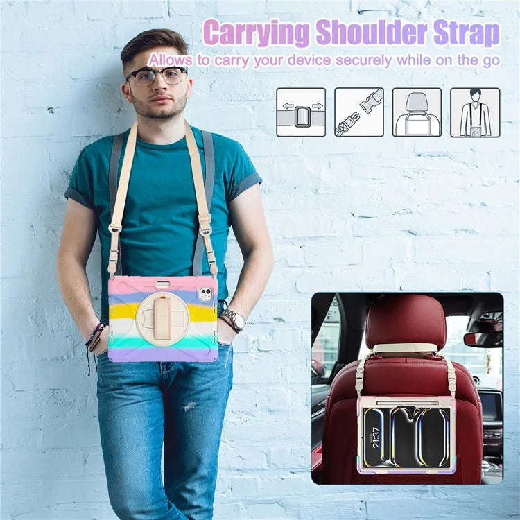 For iPad Pro 11 (2024) Case PC+Silicone Kickstand Tablet Cover with Hand Strap and Shoulder Strap