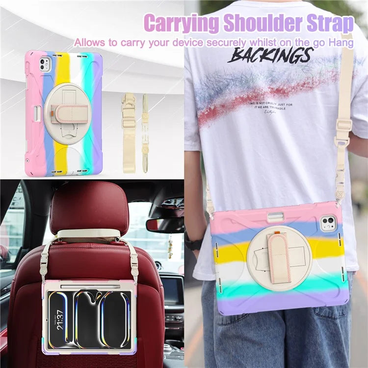 For iPad Pro 11 (2024) Case PC+Silicone Kickstand Tablet Cover with Hand Strap and Shoulder Strap
