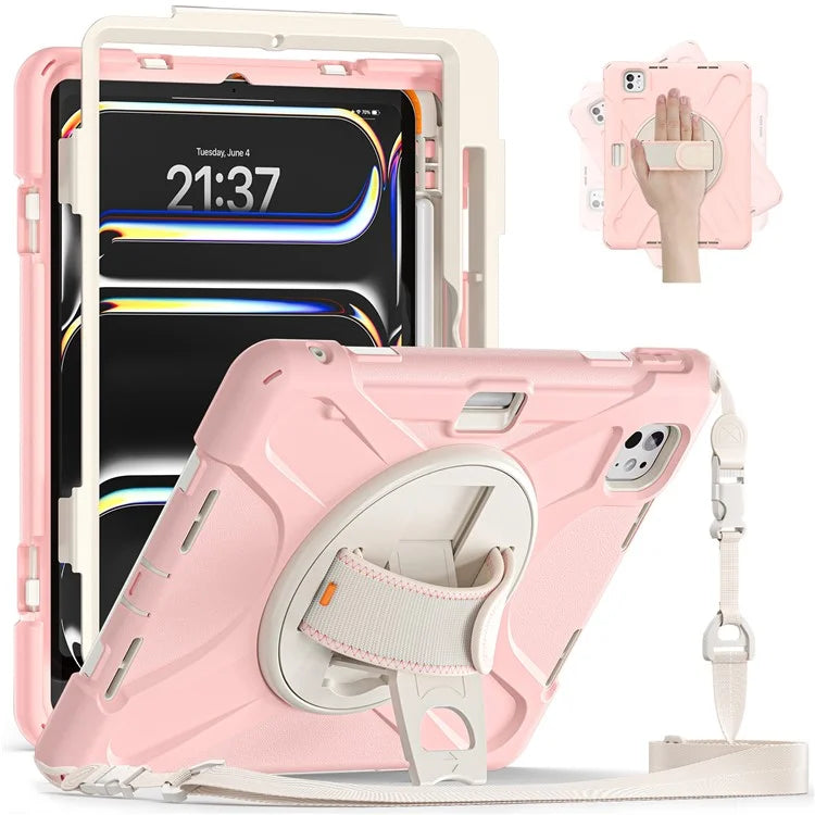 For iPad Pro 11 (2024) Case PC+Silicone Kickstand Tablet Cover with Hand Strap and Shoulder Strap