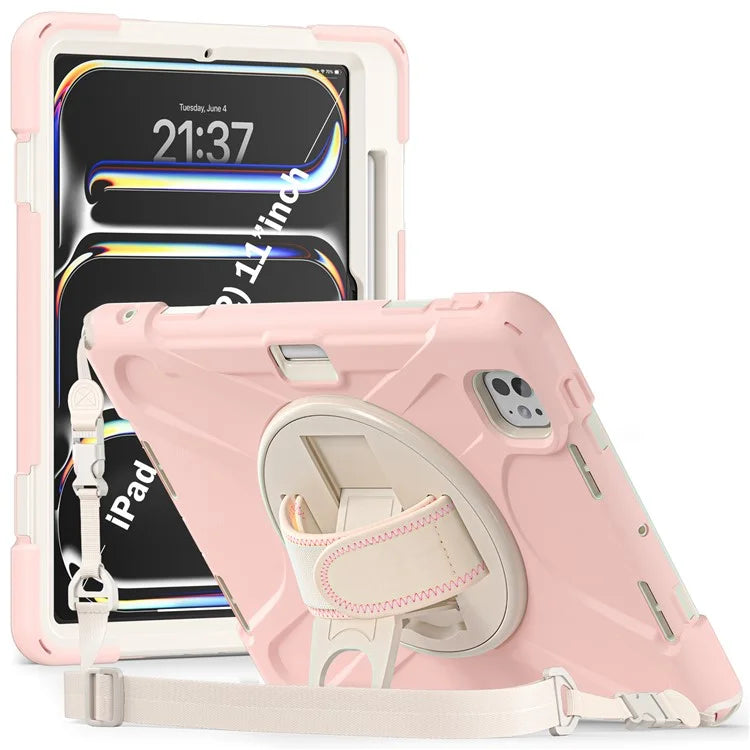 For iPad Pro 11 (2024) Case PC+Silicone Kickstand Tablet Cover with Hand Strap and Shoulder Strap