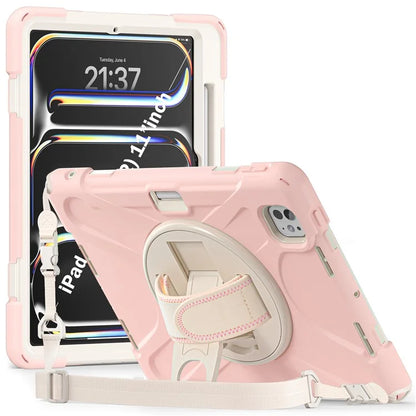 For iPad Pro 11 (2024) Case PC+Silicone Kickstand Tablet Cover with Hand Strap and Shoulder Strap