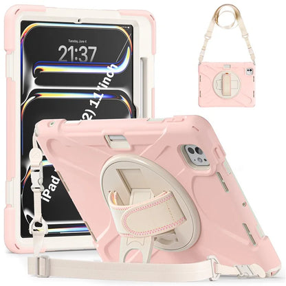 For iPad Pro 11 (2024) Case PC+Silicone Kickstand Tablet Cover with Hand Strap and Shoulder Strap