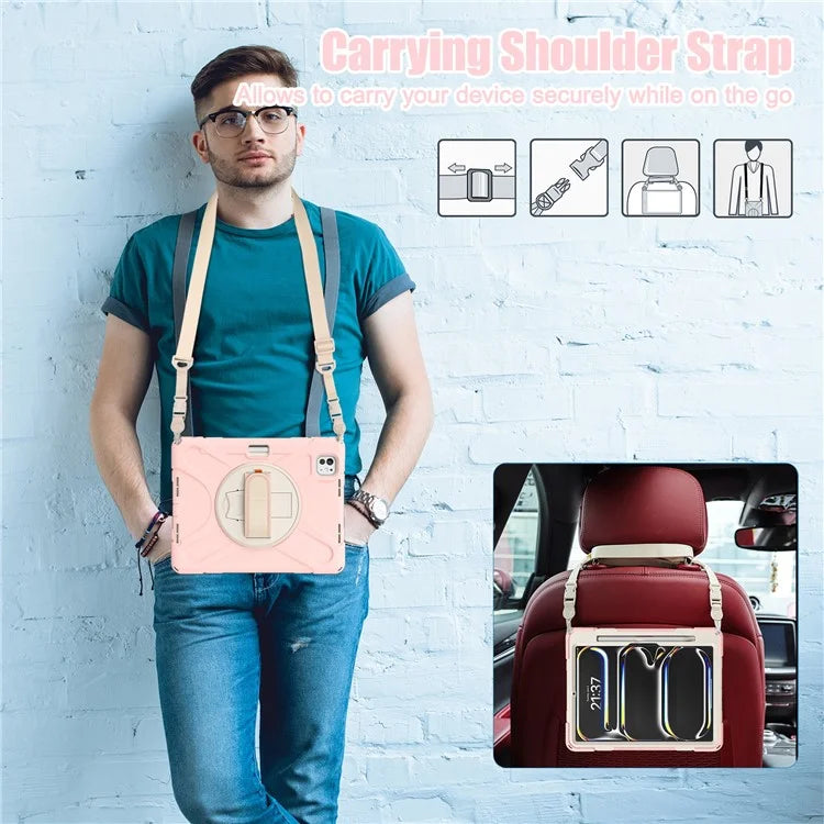 For iPad Pro 11 (2024) Case PC+Silicone Kickstand Tablet Cover with Hand Strap and Shoulder Strap