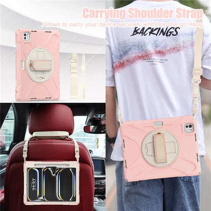 For iPad Pro 11 (2024) Case PC+Silicone Kickstand Tablet Cover with Hand Strap and Shoulder Strap
