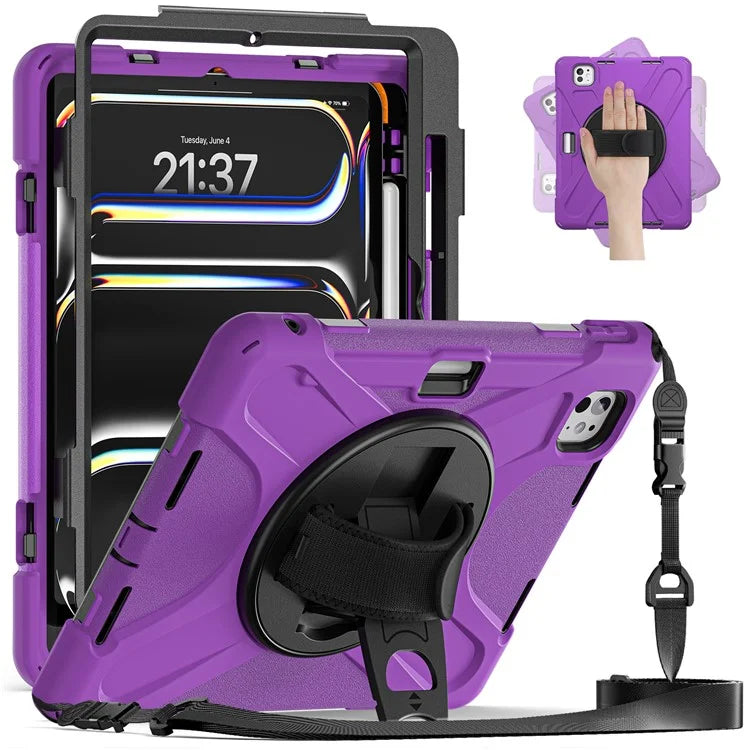 For iPad Pro 11 (2024) Case PC+Silicone Kickstand Tablet Cover with Hand Strap and Shoulder Strap
