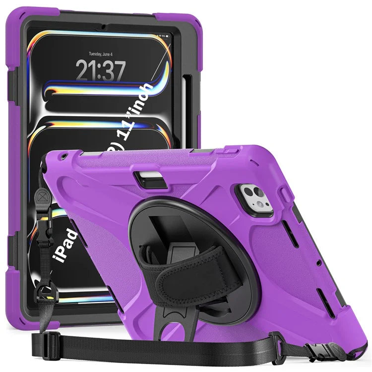 For iPad Pro 11 (2024) Case PC+Silicone Kickstand Tablet Cover with Hand Strap and Shoulder Strap