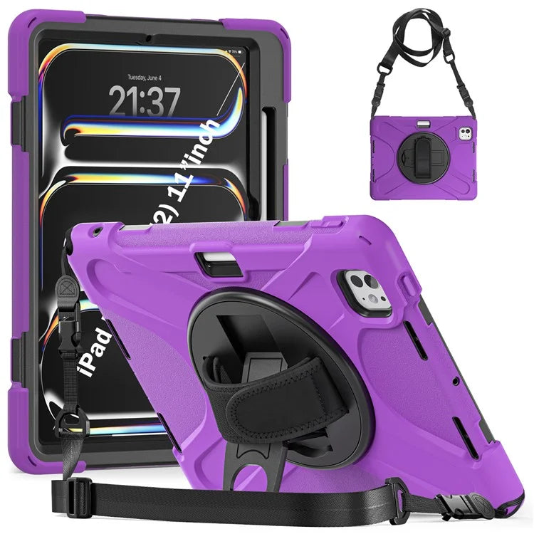 For iPad Pro 11 (2024) Case PC+Silicone Kickstand Tablet Cover with Hand Strap and Shoulder Strap