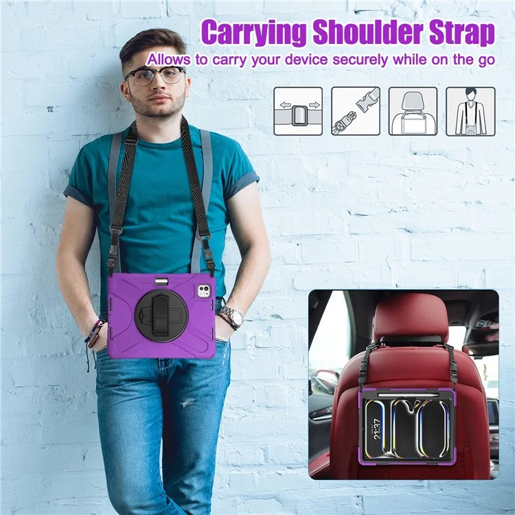 For iPad Pro 11 (2024) Case PC+Silicone Kickstand Tablet Cover with Hand Strap and Shoulder Strap