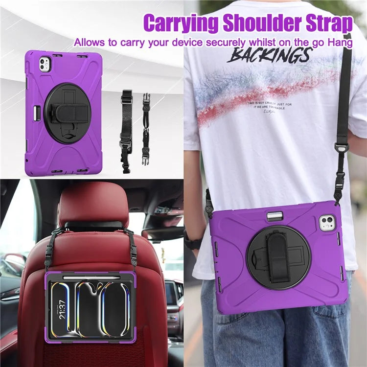For iPad Pro 11 (2024) Case PC+Silicone Kickstand Tablet Cover with Hand Strap and Shoulder Strap