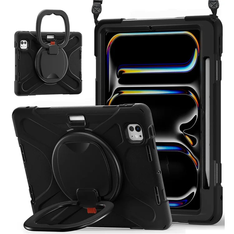 For iPad Pro 11 (2024) Case Kickstand PC+Silicone Tablet Cover with Shoulder Strap