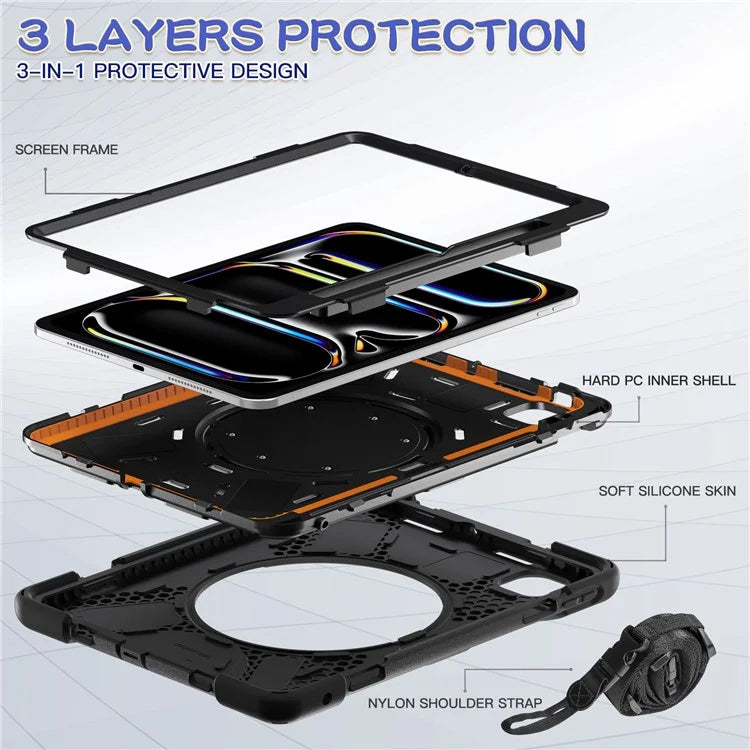 For iPad Pro 11 (2024) Case Kickstand PC+Silicone Tablet Cover with Shoulder Strap