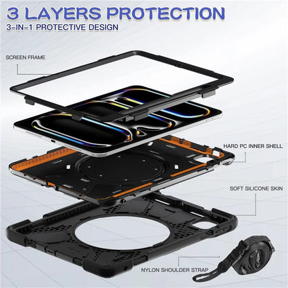 For iPad Pro 11 (2024) Case Kickstand PC+Silicone Tablet Cover with Shoulder Strap