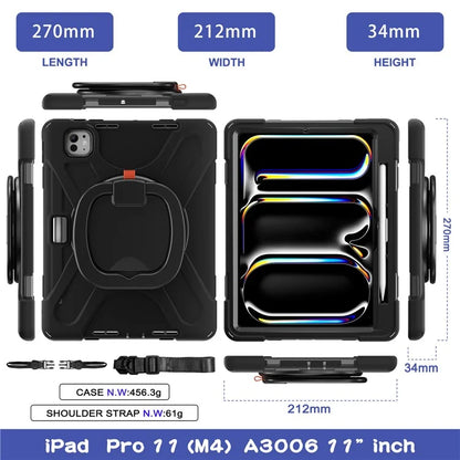 For iPad Pro 11 (2024) Case Kickstand PC+Silicone Tablet Cover with Shoulder Strap