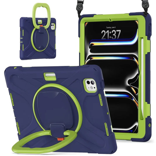 For iPad Pro 11 (2024) Case Kickstand TPU+PC+Silicone Tablet Cover with Shoulder Strap