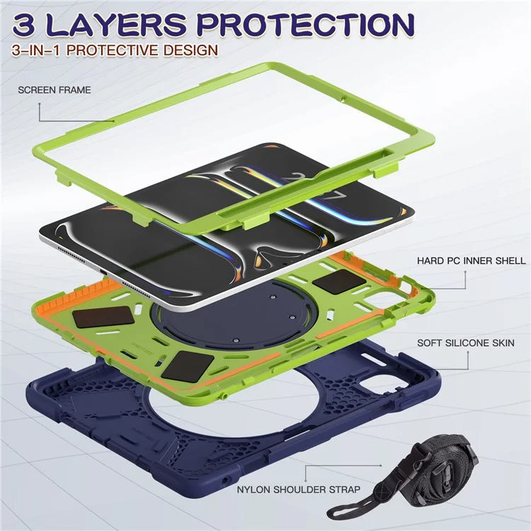 For iPad Pro 11 (2024) Case Kickstand TPU+PC+Silicone Tablet Cover with Shoulder Strap